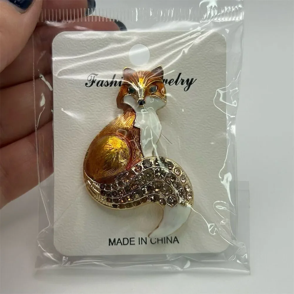 Vibrant Orange Small Enamel Fox Brooch with Rhinestone Accents Sparkle New